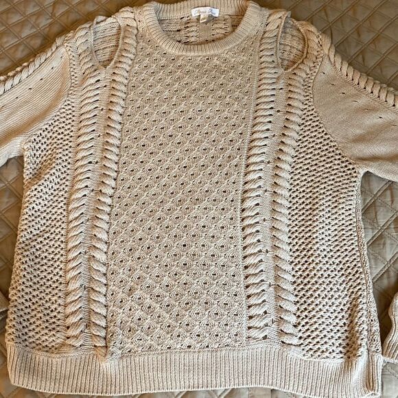 Minnie Rose Cotton Sweater with Open Shoulder, Cable & Open Stitch Detail. Lg. - Picture 1 of 7